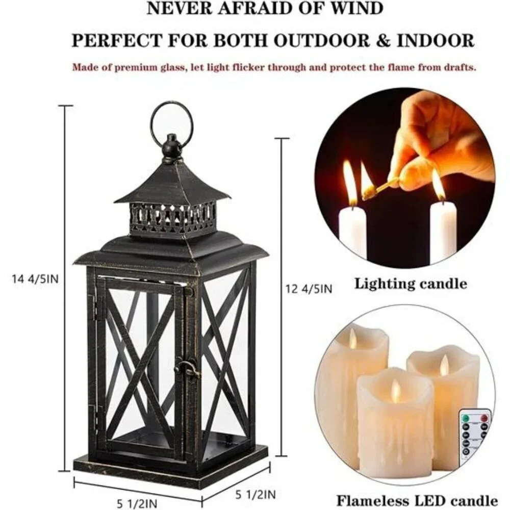 Large Black Metal Candle Lantern Indoor Outdoor Hanging Vintage Decor